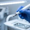 Mână în mănușă ținând un aparat de microneedling tip dermapen, prim-plan