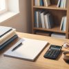 Birou cu dosare, calculator și cafea — pregătirea unui dosar de fonduri europene