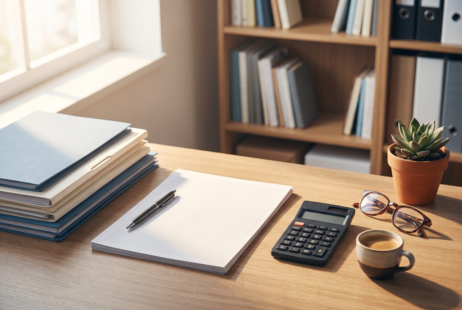 Birou cu dosare, calculator și cafea — pregătirea unui dosar de fonduri europene