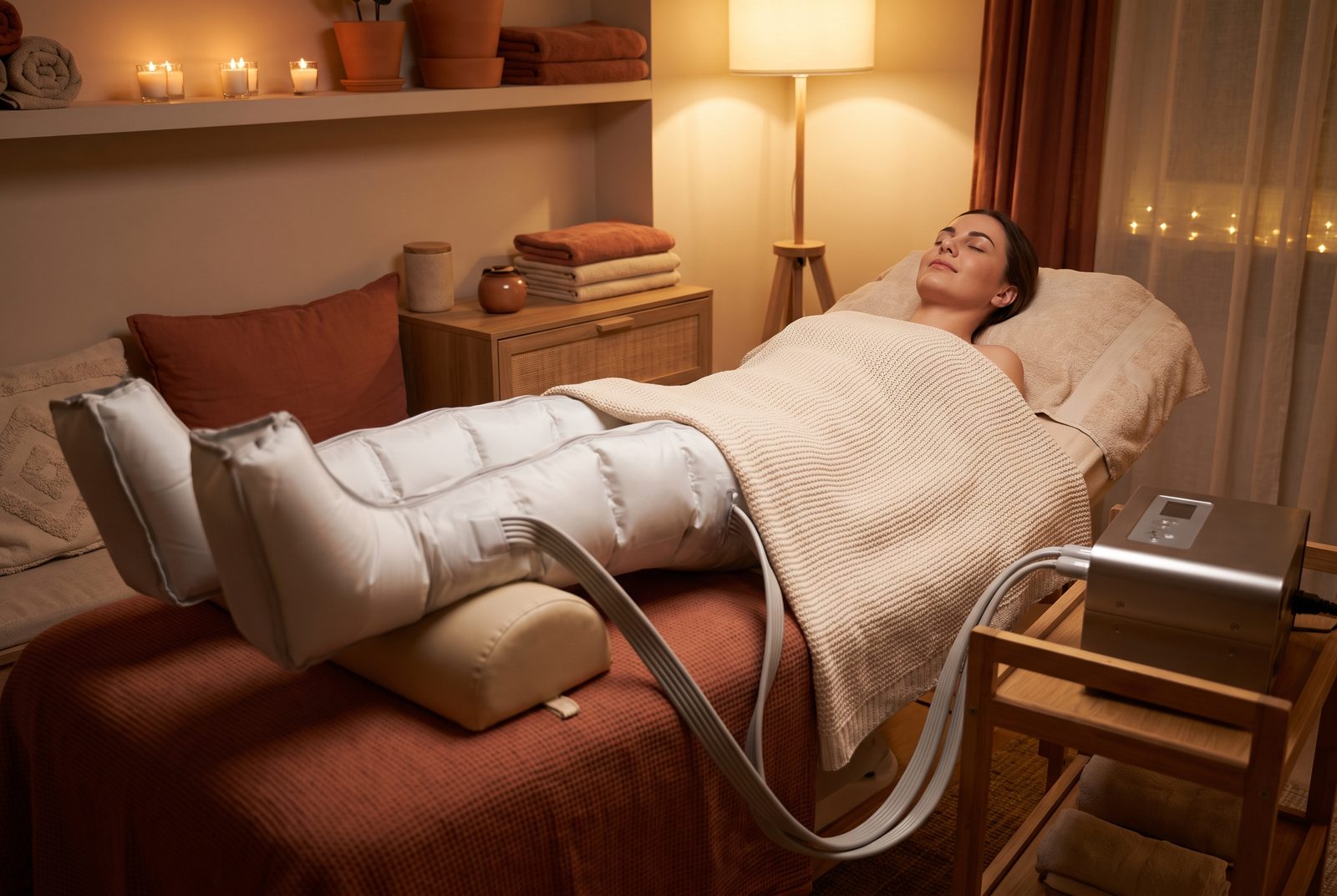 Clientă relaxată cu cizme de presoterapie conectate la un aparat profesional