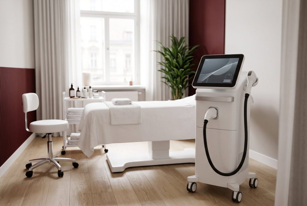 Cabină de tratament dintr-o clinică de estetică, cu aparat profesional de epilare definitivă cu laser diodă