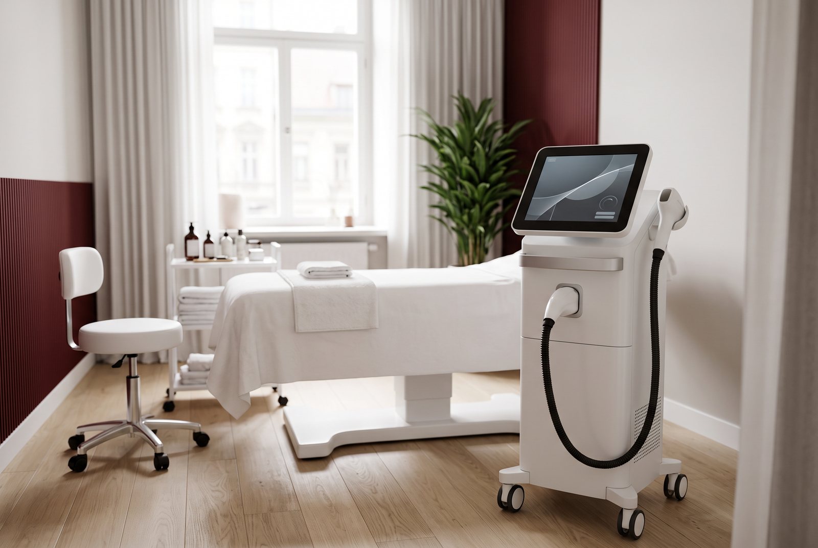 Cabină de tratament dintr-o clinică de estetică, cu aparat profesional de epilare definitivă cu laser diodă